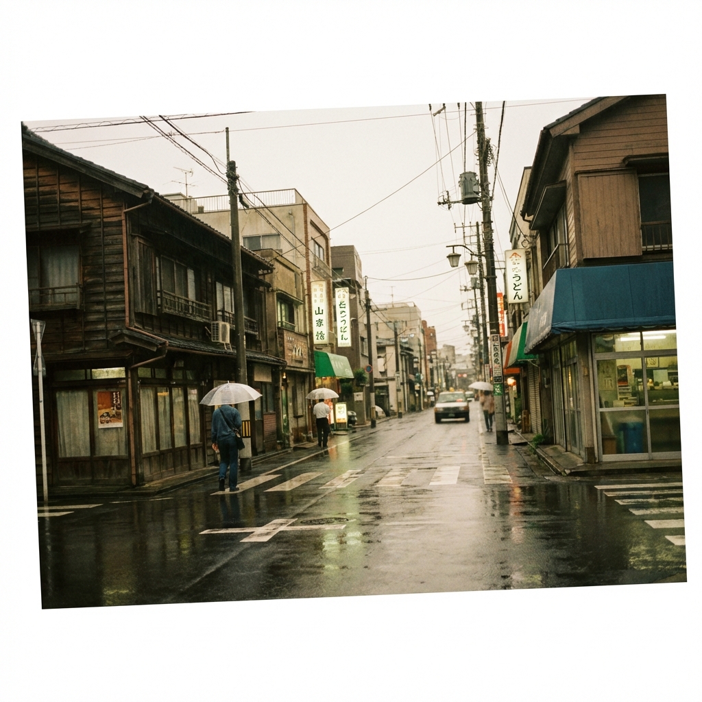 Street corner in soft rain